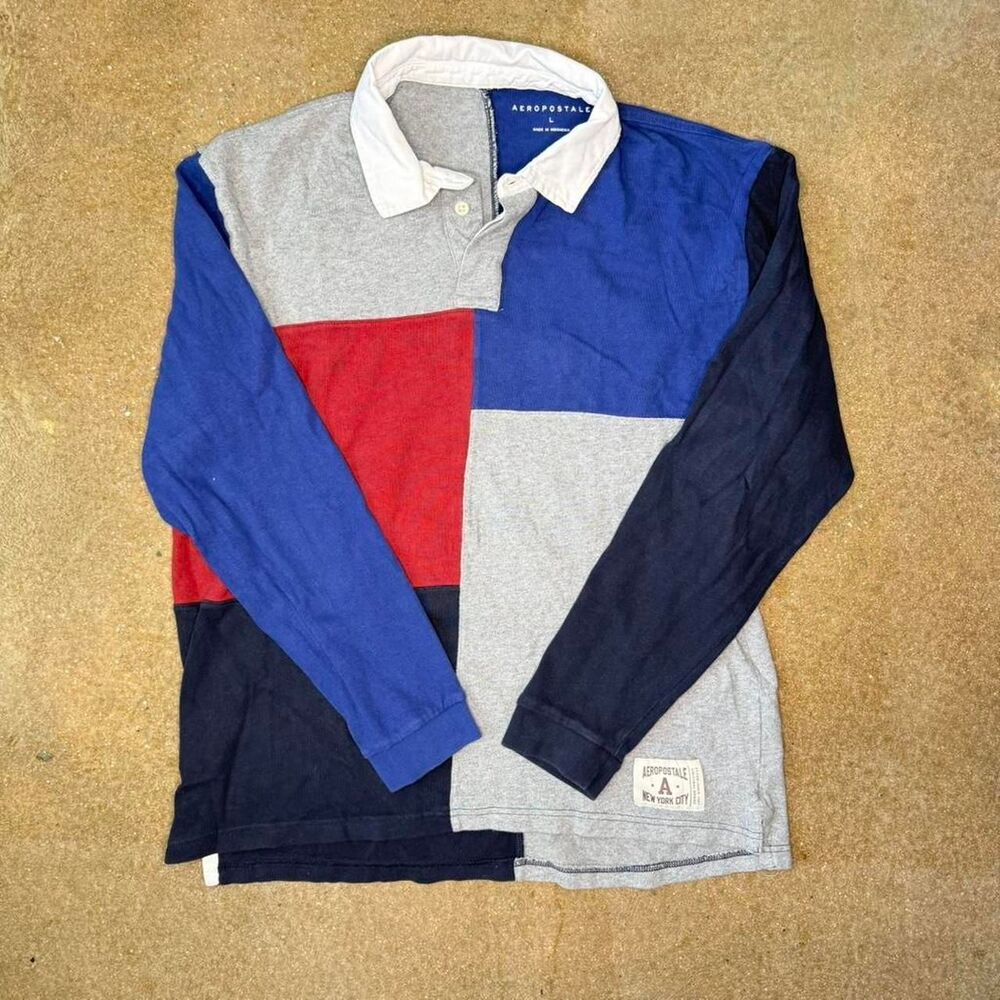 Aeropostale colorblock rugby shirt vintage style red blue grey long sleeve